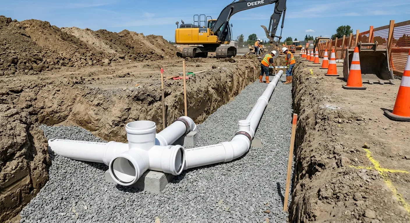 New PVC sewer pipe installation in open trench for Sewer Backup in Albany